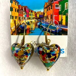 Murano Glass Heart Earrings by Dyadema - Made In Italy - Bronze Gold Foil NEW